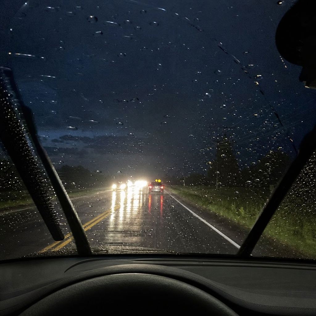Vue de pare-brise traité sous la pluie de nuit