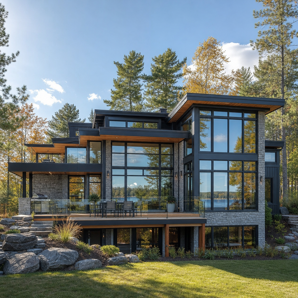 Maison moderne avec grande façade vitrée et nombreuses fenêtres